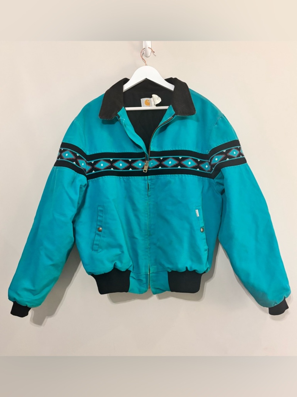 CARHARTT Rare Vintage 90s Teal Southwest Aztec Santa Fe Jacket Made in USA XL